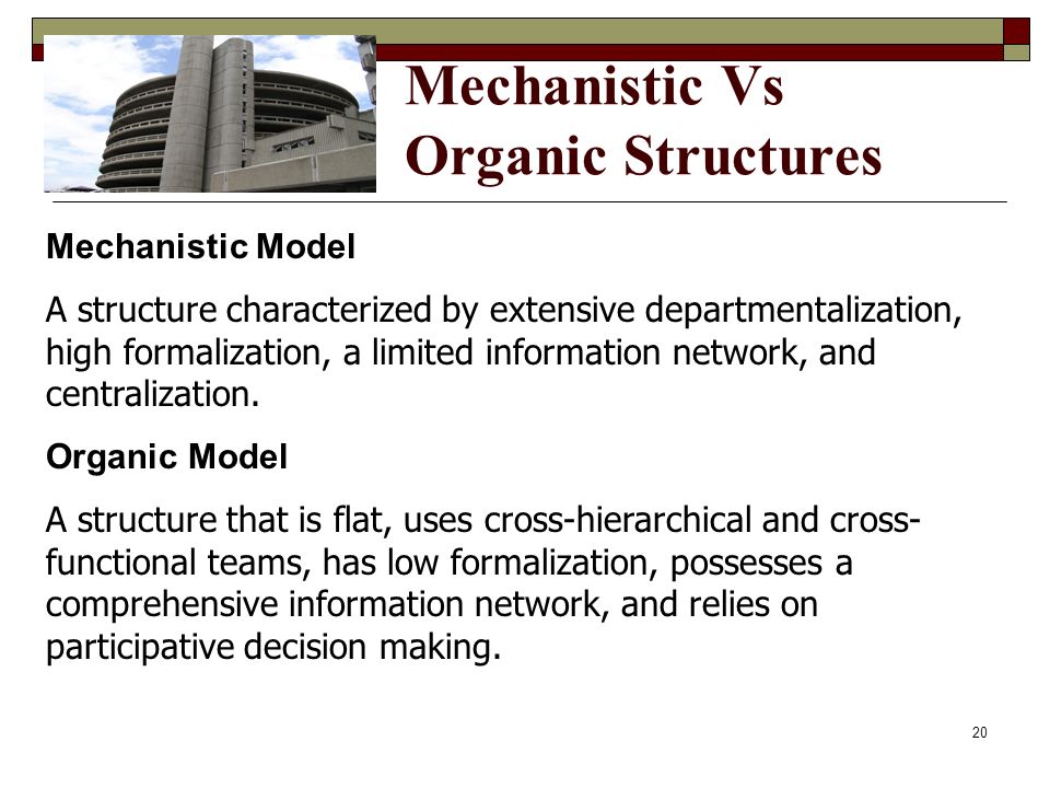 Mechanistic versus organic structures